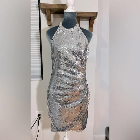 NWT Torn by Ronny Kobo Silver Sequin Halter Vera Mini Dress Small NWT Torn by Ronny Kobo Silver Sequin Halter Vera Mini Dress Small